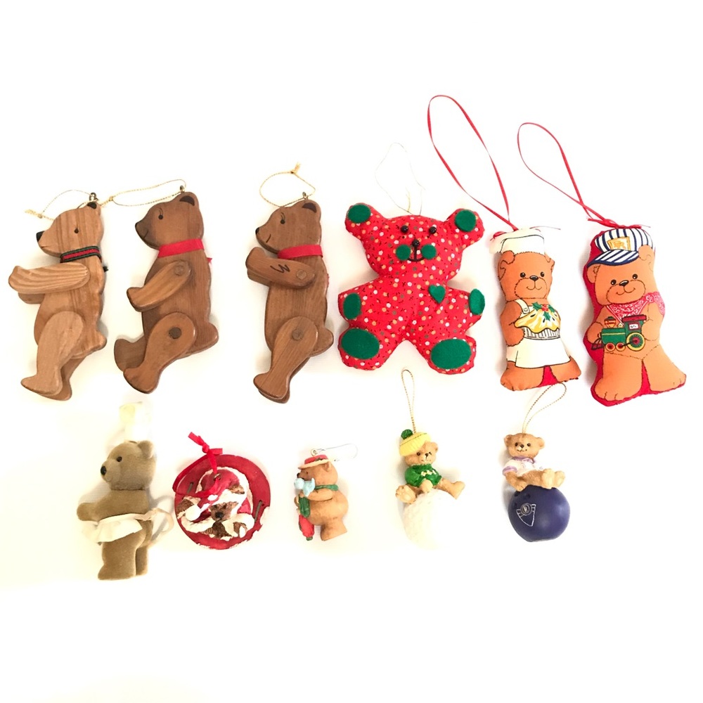 Teddy Bear Theme Vintage Christmas Ornaments Wood Plush